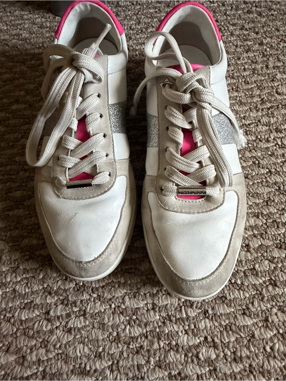 Jimmy Choo White and Pink Sneakers with Silver Glitter Stripe